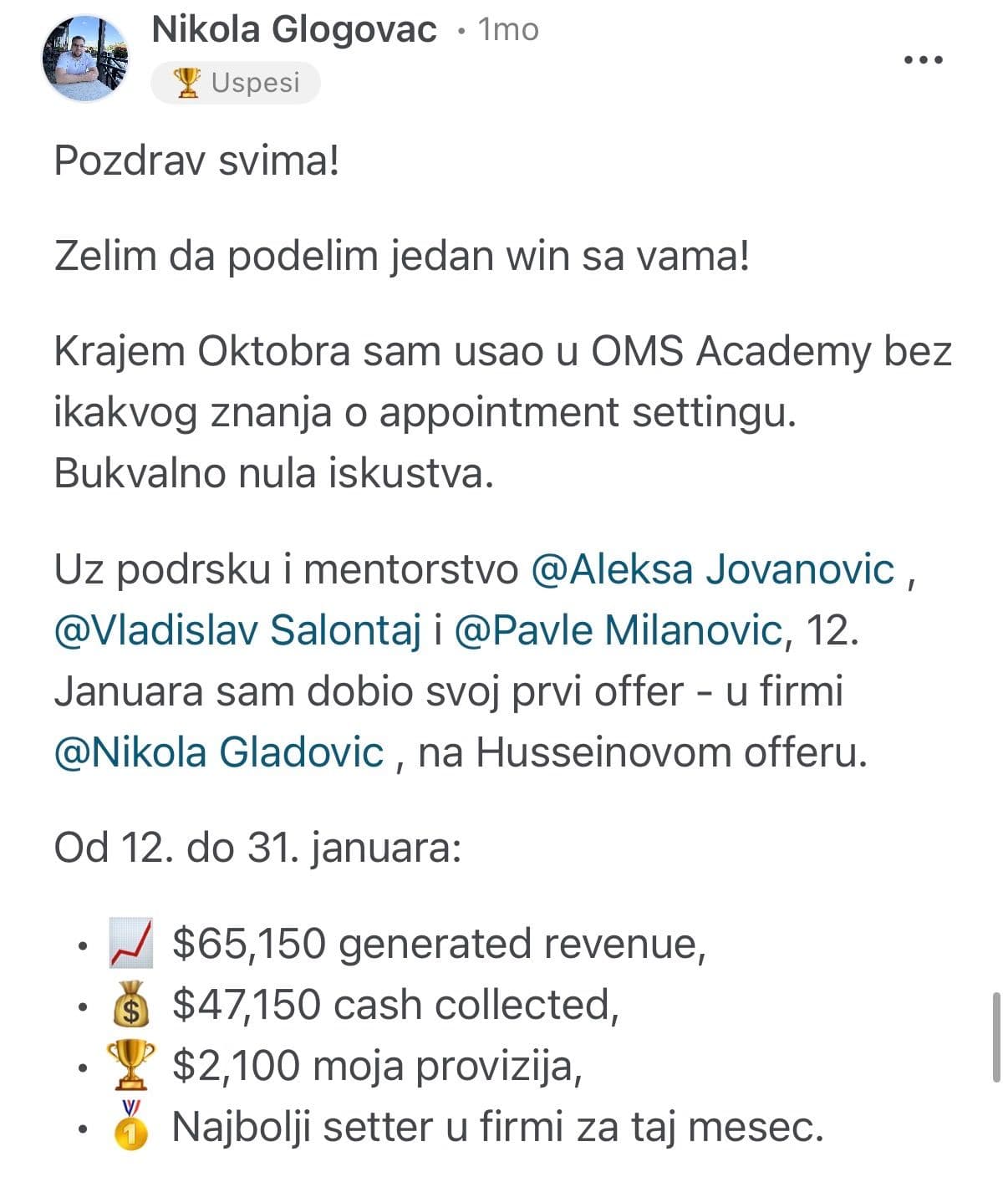 Nikola Glogovac — rezultat